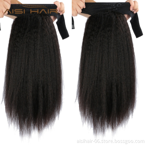 Cheap Wholesale Yaki Long Kinky Straight Headband Wig Raw Braillian Human Hair Curly Black Color For Black Women